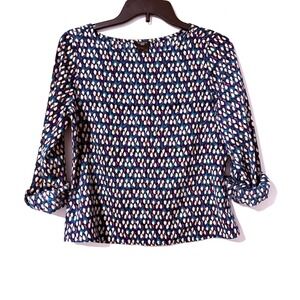 Ann Taylor Petite Abstract Print Roll Tab Sleeve Blouse Top Navy Teal Pink White